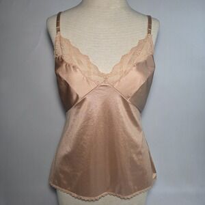 Vintage Womens Formfit Tan/Beige Camisole Lingerie Adjustable Straps Lace Trim